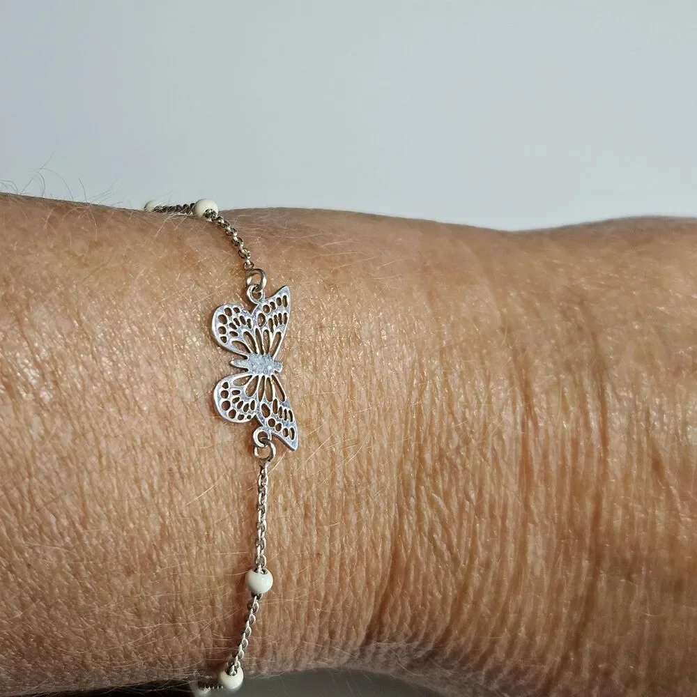 Vintage Dyadema Sterling Silver Butterfly Bracelet White Bead 6.5-7.5